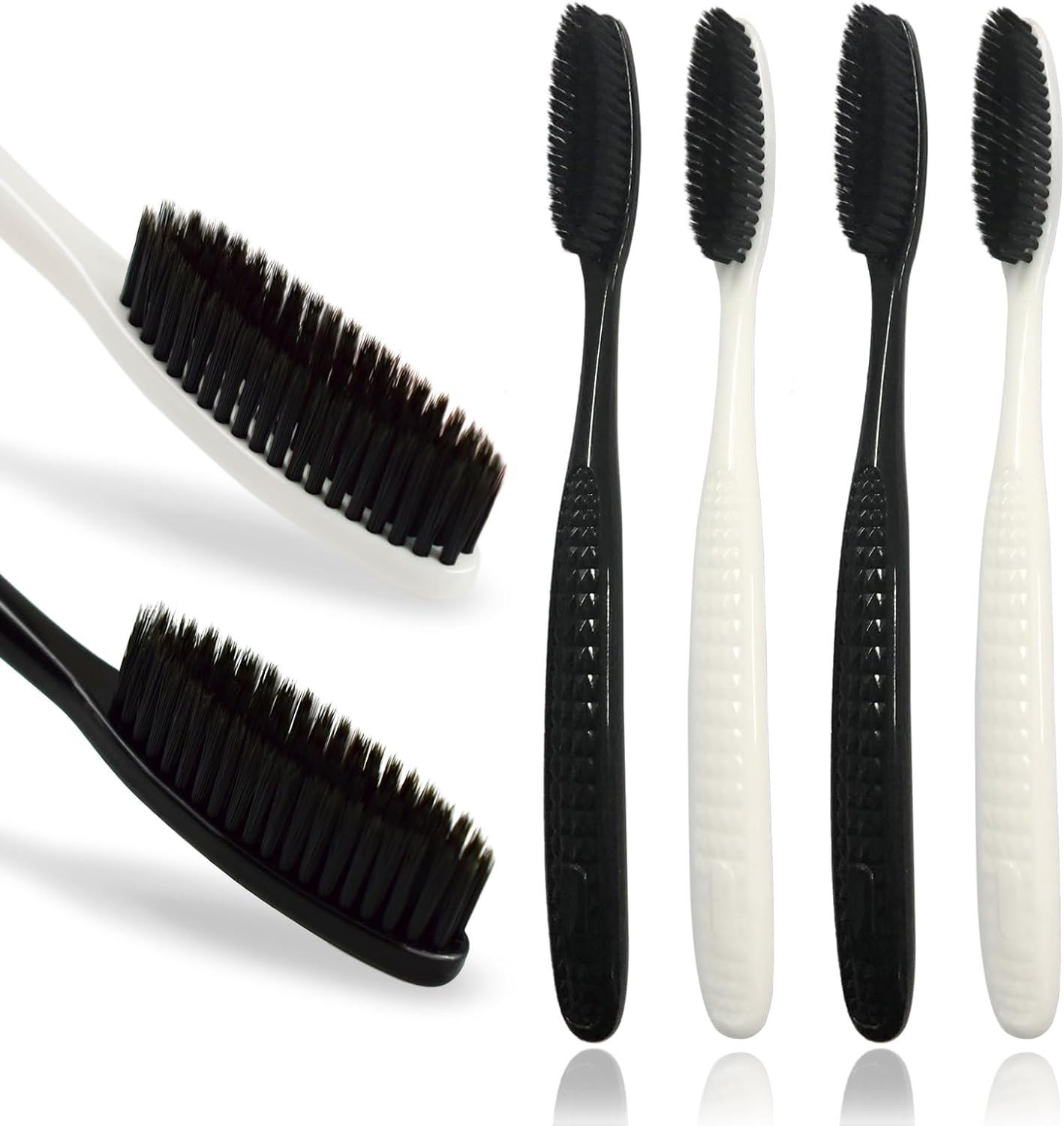 Gold Dawn Large Long Head Toothbrush, 4-Pack, Upgraded Hard & Firm Charcoal Bristles, Whitening Teeth, Removing Plaque, Brace, Cigarette, Coffee and Other Stains, Suitable for Daily Oral Care.