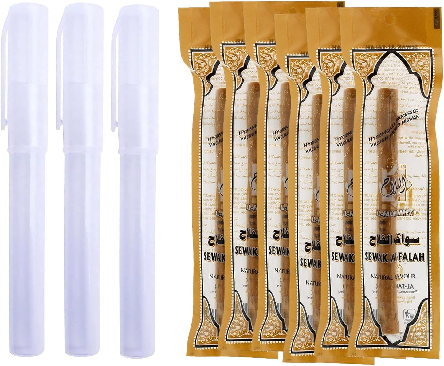Sewak Al-Falah Natural Miswak Toothbrush - 6 Sticks and 6 Holders - Vacuum Sealed Natural Flavor Traditional Toothbrush Stick - for Healthy Gums & Teeth