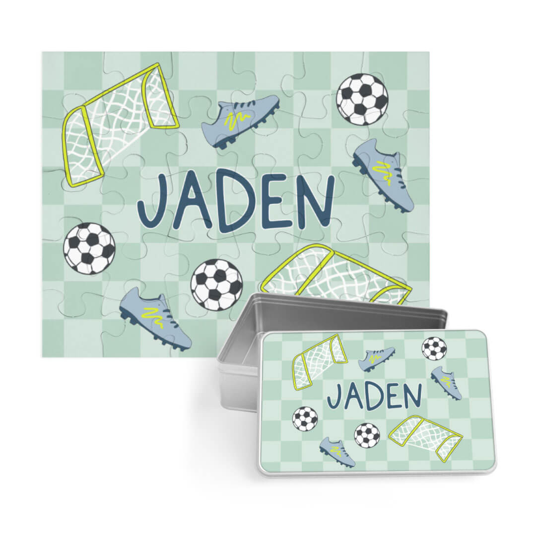 soccer star personalized puzzle with tin