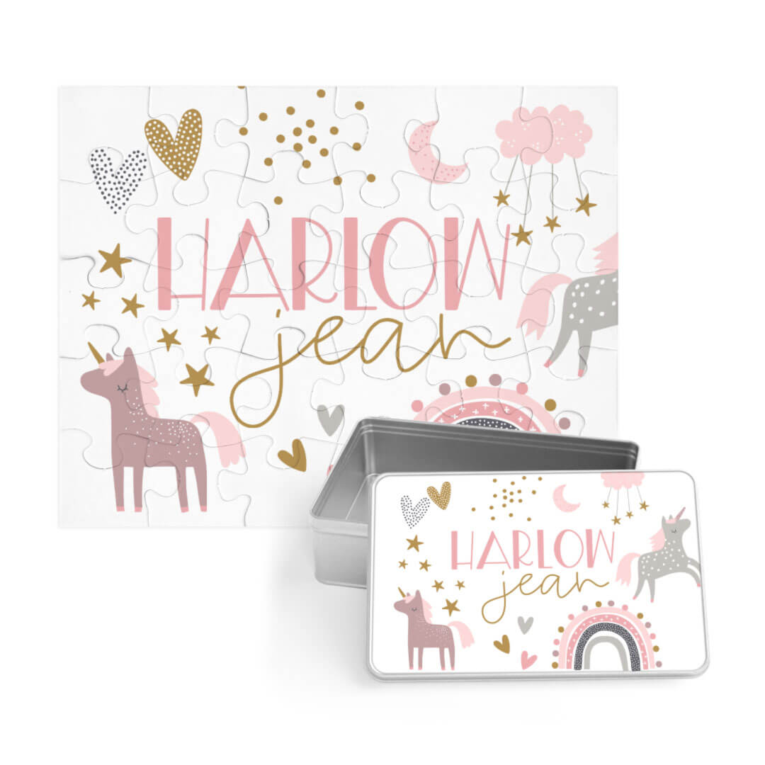 Kids Personalized 30 Piece Puzzle | Unicorn & Rainbow Party