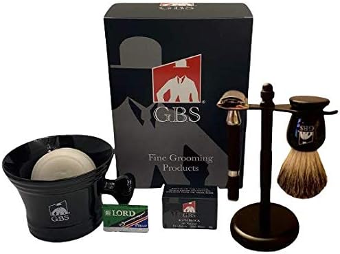 G.B.S Men's Premium 5 Piece Set- Double Edge Shaving Razor with Black Rubber Coated Handle, Shaving Mug, Synthetic Brush, Dual stand for Brush & Razor and 15 Blades, Alum Block