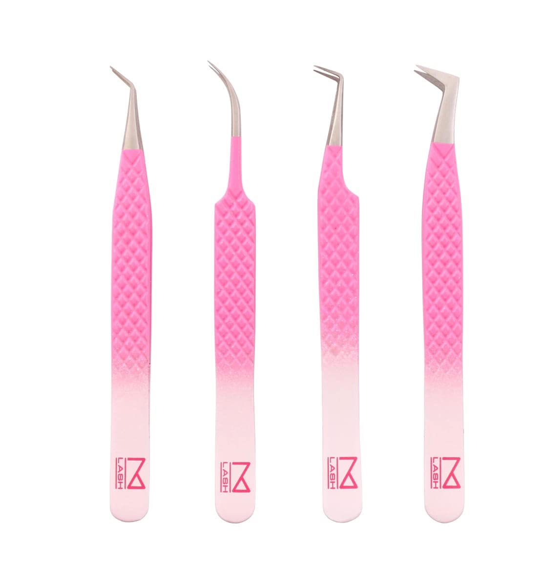 M LASH Eyelash Extension Tweezers (Set of 4) - Professional & Precision Lash Tweezers for Eyelash Extensions - Japanese Steel, Diamond Grip, Fiber Tip for Stunning Results (Ombre)