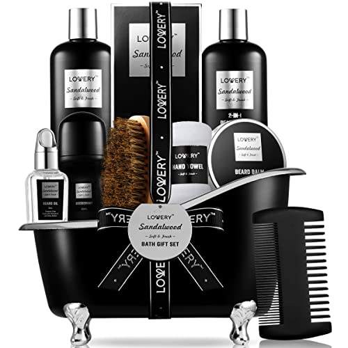 Valentines Beard Kit and Body Care Gifts for Men, Sandalwood Spa Gift Baskets, Mens Bath and BeardGrooming Kit for Him, Unique Birthday Gifts for Him with Beard Balm, Growth Oil, Deodorant and More
