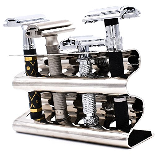 Parker Double Edge Razor Stand – Solid Brass with Mirror Chrome Finish –Holds 4 Razors – Parker Stand with Padded Base – Excellent Storage for Long Handled Double Edge Safety Razors