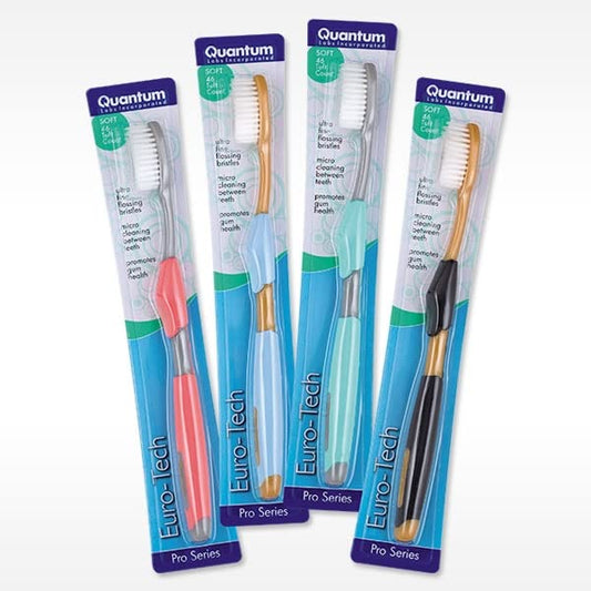 Quantum Euro-Tech Extra Soft Toothbrush, Soft Ultra Fine Feathered Bristles Toothbrush with Soft Slim Handle Grip and Thumb Rest for Adults, 4 Pack