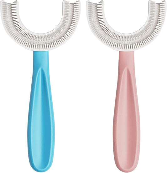 YOTEE U-Shaped Toothbrush Kids 2 PCS - Toddler Toothbrush with Food Grade Soft Silicone Brush Head, Whole Mouth Toothbrush for Kids Age 6-12(Blue+Pink), 360° Oral Teeth Cleaning