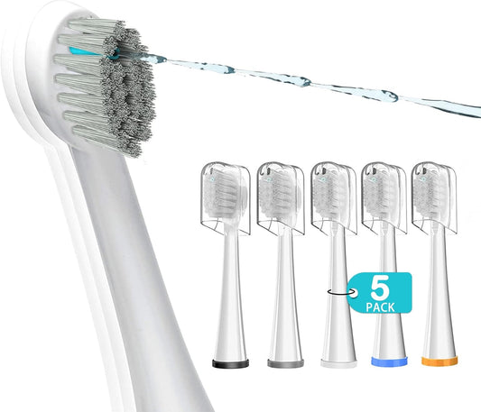 Replacement Brush Heads for 𝗪𝗮𝘁𝗲𝗿𝗽𝗶𝗸 𝐒𝐨𝐧𝐢𝐜-𝐅𝐮𝐬𝐢𝐨𝐧 Flossing Toothbrush with Cover and Identification Ring, Compact, 5 Count White, Soft Bristles