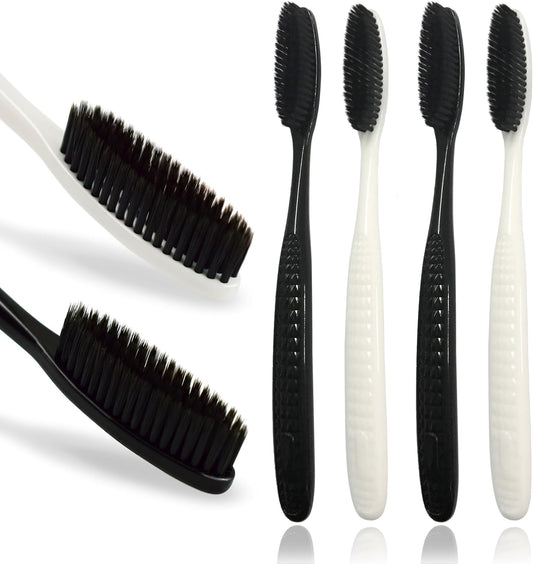 Gold Dawn Large Long Head Toothbrush, 4-Pack, Upgraded Hard & Firm Charcoal Bristles, Whitening Teeth, Removing Plaque, Brace, Cigarette, Coffee and Other Stains, Suitable for Daily Oral Care.