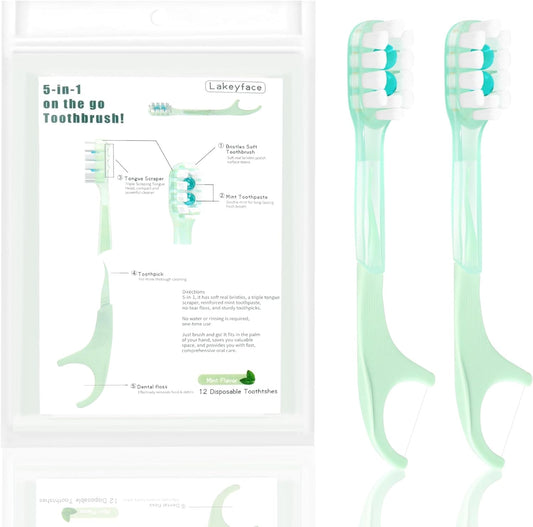 5-in-1 Travel Toothbrush Set, Disposable Mini Toothbrushes with Toothpaste + Tongue Scrapers + Floss + Pick for Work or Travel, Individually Wrapped, Mint, 12 Pack