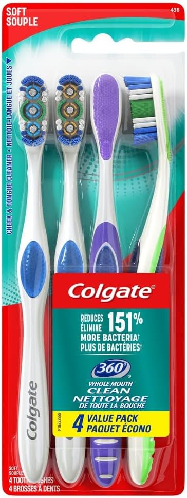 Colgate 360 Whole Mouth Clean Toothbrush, Soft Toothbrush for Adults, 4 Count (Pack of 1)