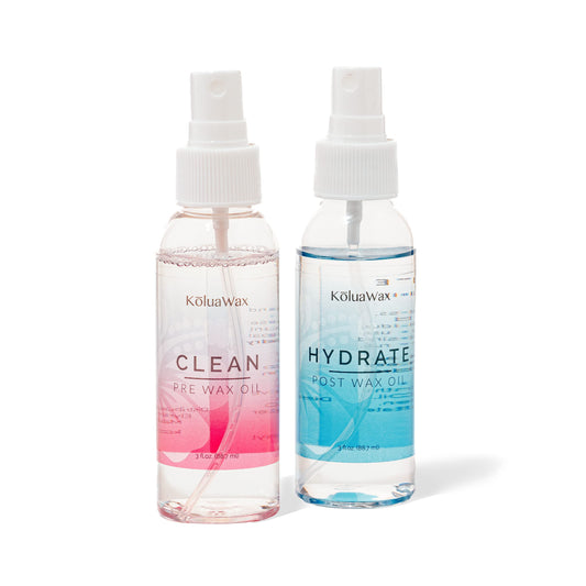 Clean & Hydrate At Home Waxing Kit Oils – Pre Wax Cleanser Preps & Protects Skin – Post Body & Facial Wax Oil Soothes, Reduces Redness, Removes Residue – Make Hair Removal Easy by KoluaWax, 3 Oz. Each