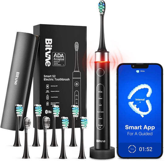 Smart Ultrasonic Whitening Electric Toothbrush for Adults - Bluetooth Electric Toothbrush with Pressure Sensor & Smart Timer, ADA Accepted Rechargeable Toothbrush, 8 Brush Heads, Black Bitvae S2