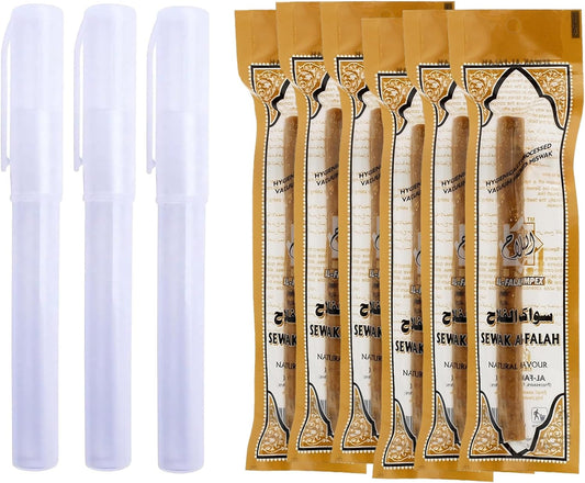 Sewak Al-Falah Natural Miswak Toothbrush - 6 Sticks and 6 Holders - Vacuum Sealed Natural Flavor Traditional Toothbrush Stick - for Healthy Gums & Teeth