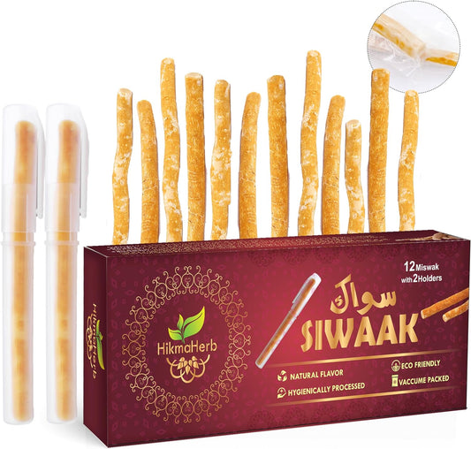 Pack of 12 Miswak Sticks with 2 Holders - Vacuum Sealed Natural Chewing Sticks for Teeth - Natural Flavored Toothbrush for Teeth Whitening, Oral Health, and Fresh Breath || Pack of 12…