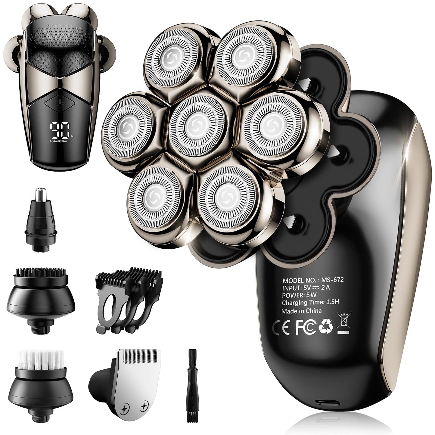 Detachable Head Shavers, SHPAVVER 5-in-1 Electric Razor IPX7 Waterproof for Bald Men, Wet/Dry LED Display Rechargeable 7D Rotary Shaver Grooming Kit with Type-C Charge (A)