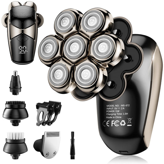 Detachable Head Shavers, SHPAVVER 5-in-1 Electric Razor IPX7 Waterproof for Bald Men, Wet/Dry LED Display Rechargeable 7D Rotary Shaver Grooming Kit with Type-C Charge (A)