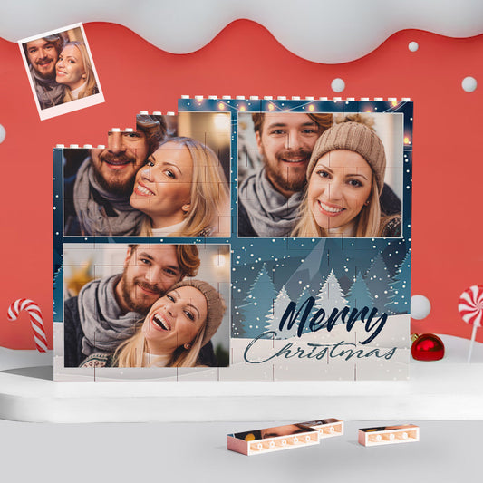 Custom Building Block Puzzle Personalized Blue Horizontal Trio Couple Photo Brick Christmas Gift