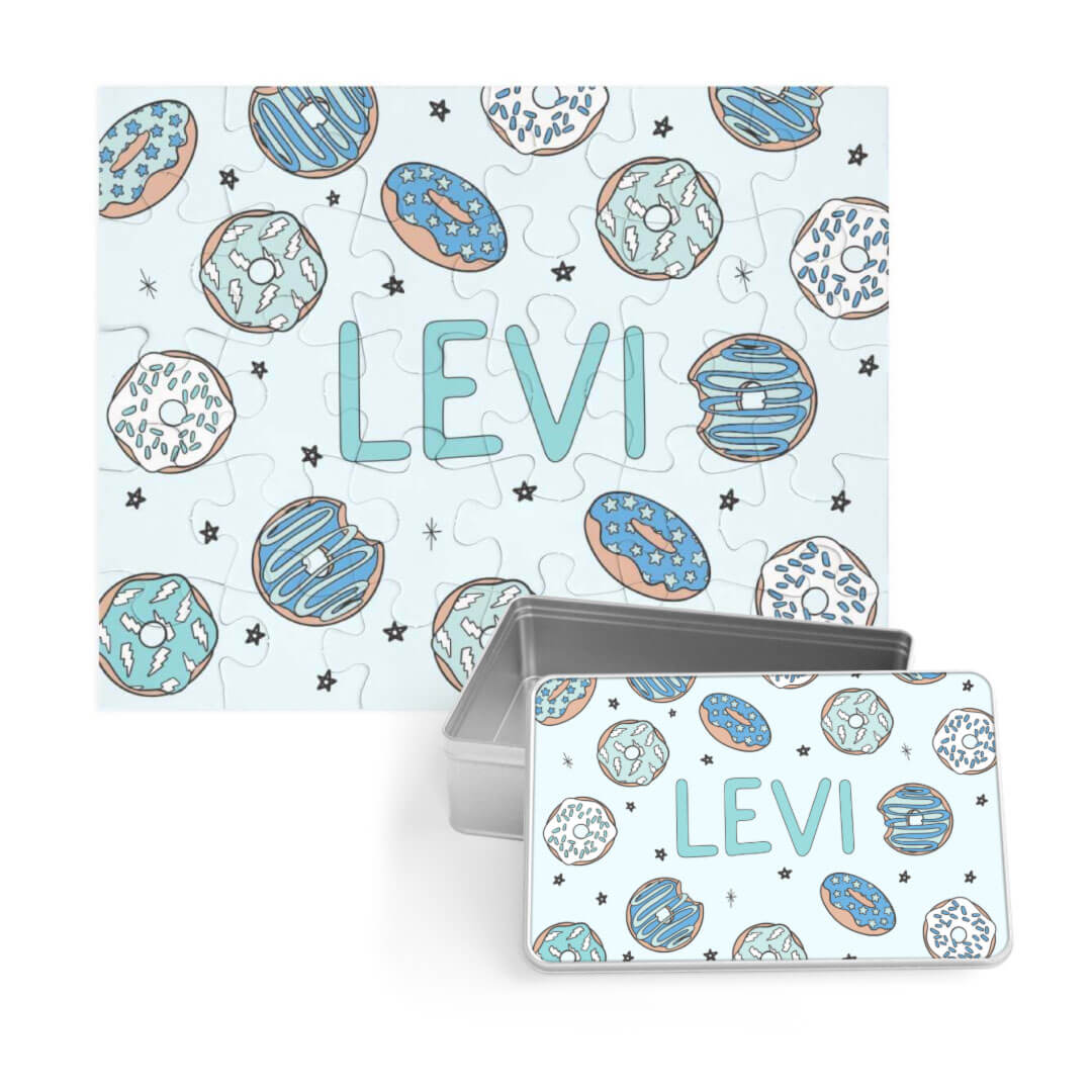 donut shop blue personalized kids puzzle with tin