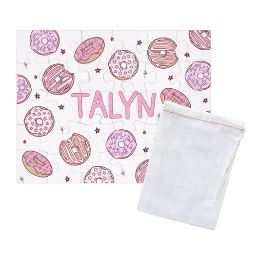 pink personalized puzzle for kids with donuts