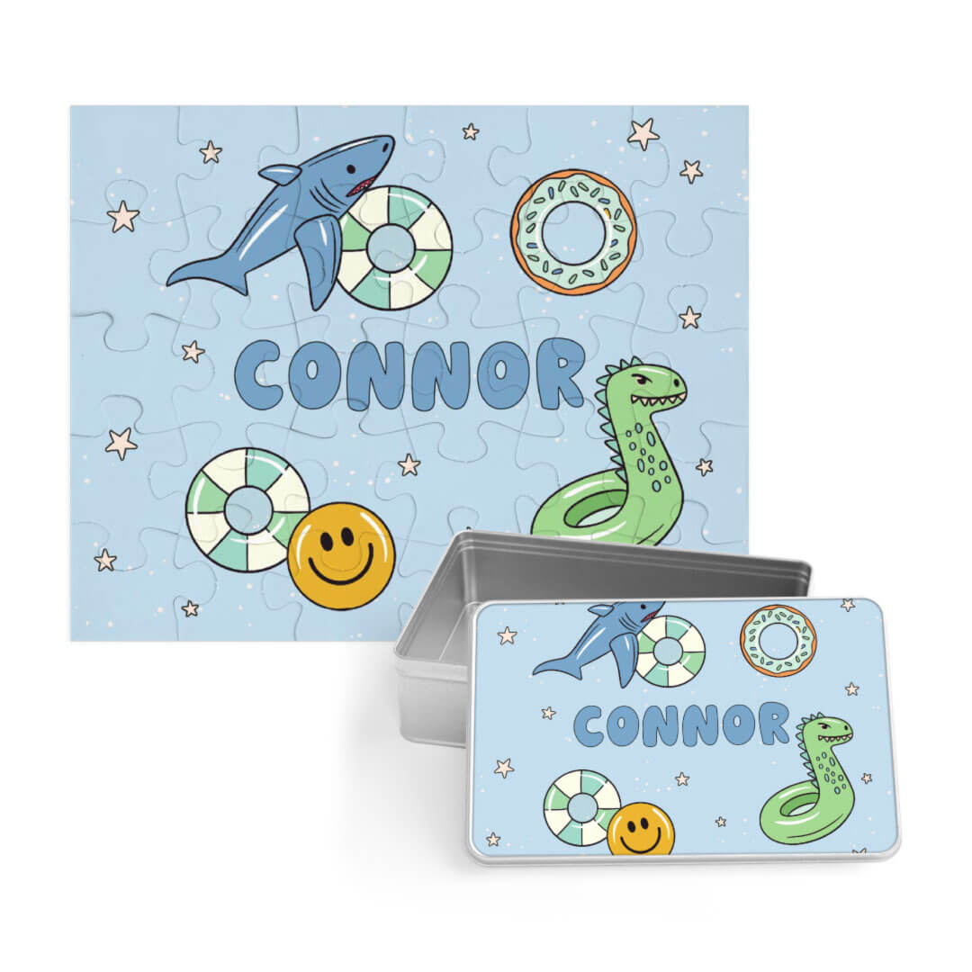 floatie friends personalized puzzle with matching tin blue