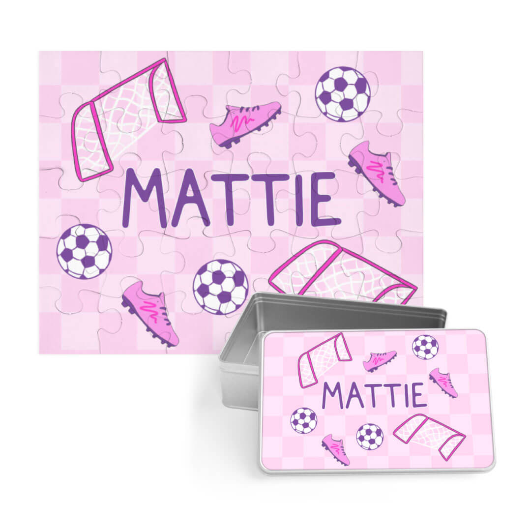 soccer star personalized puzzle with tin pink
