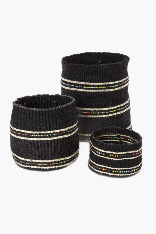 Licorice Petite Sisal Basket Set with Colorful Beads