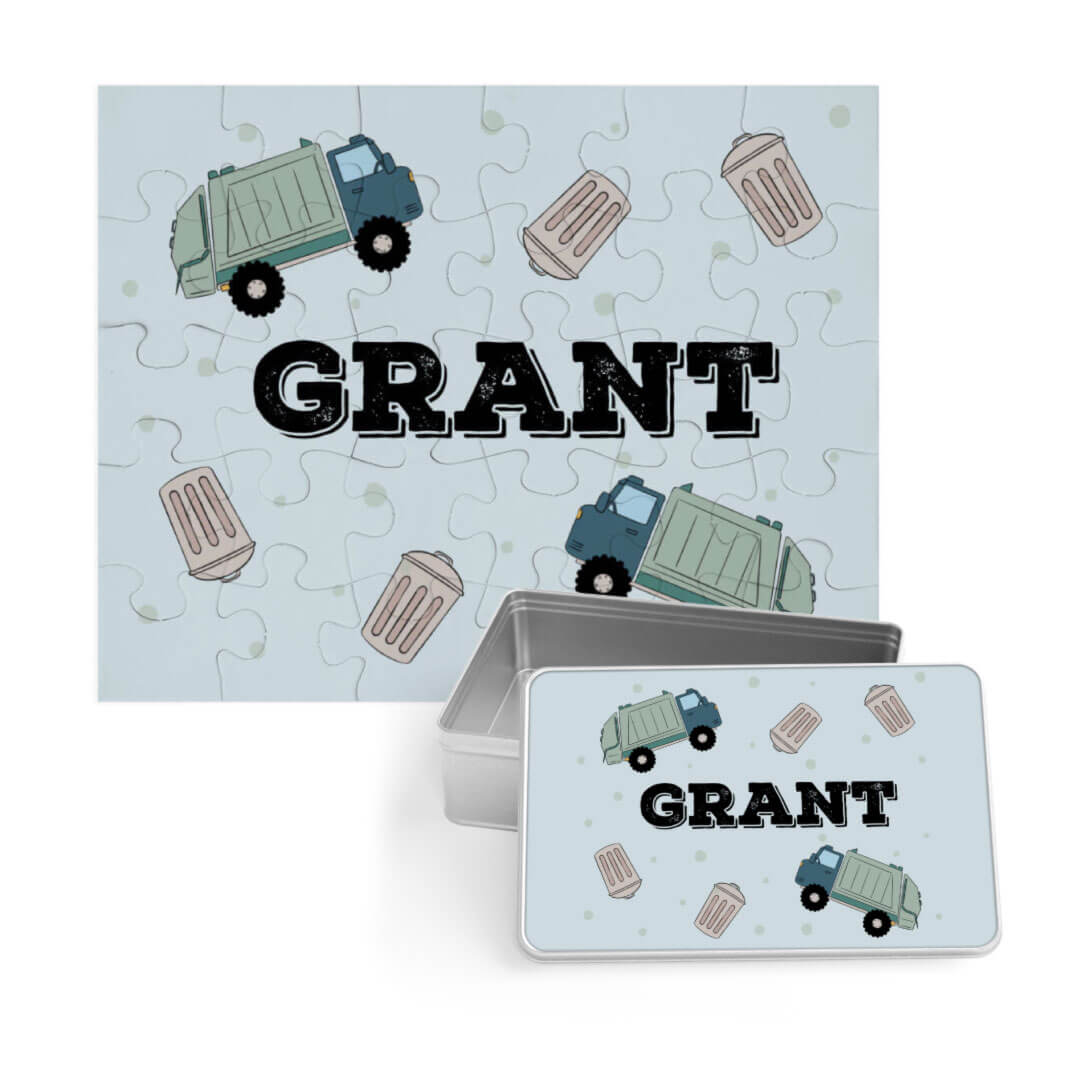 trash day personalized kids puzzle with tin